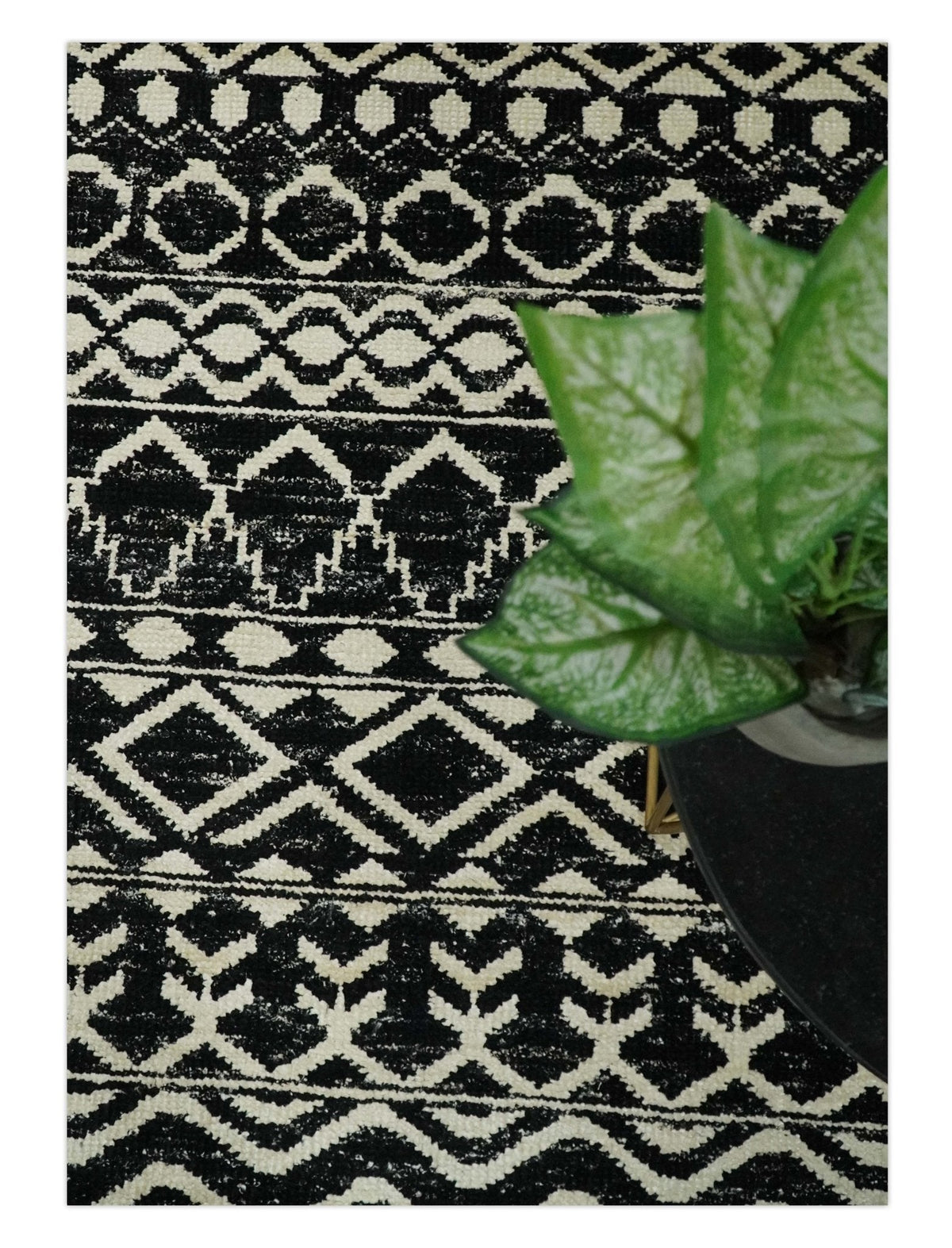 Hand Knotted Black and Ivory Modern Contemporary Southwestern Tribal Trellis Recycled Silk Area Rug.