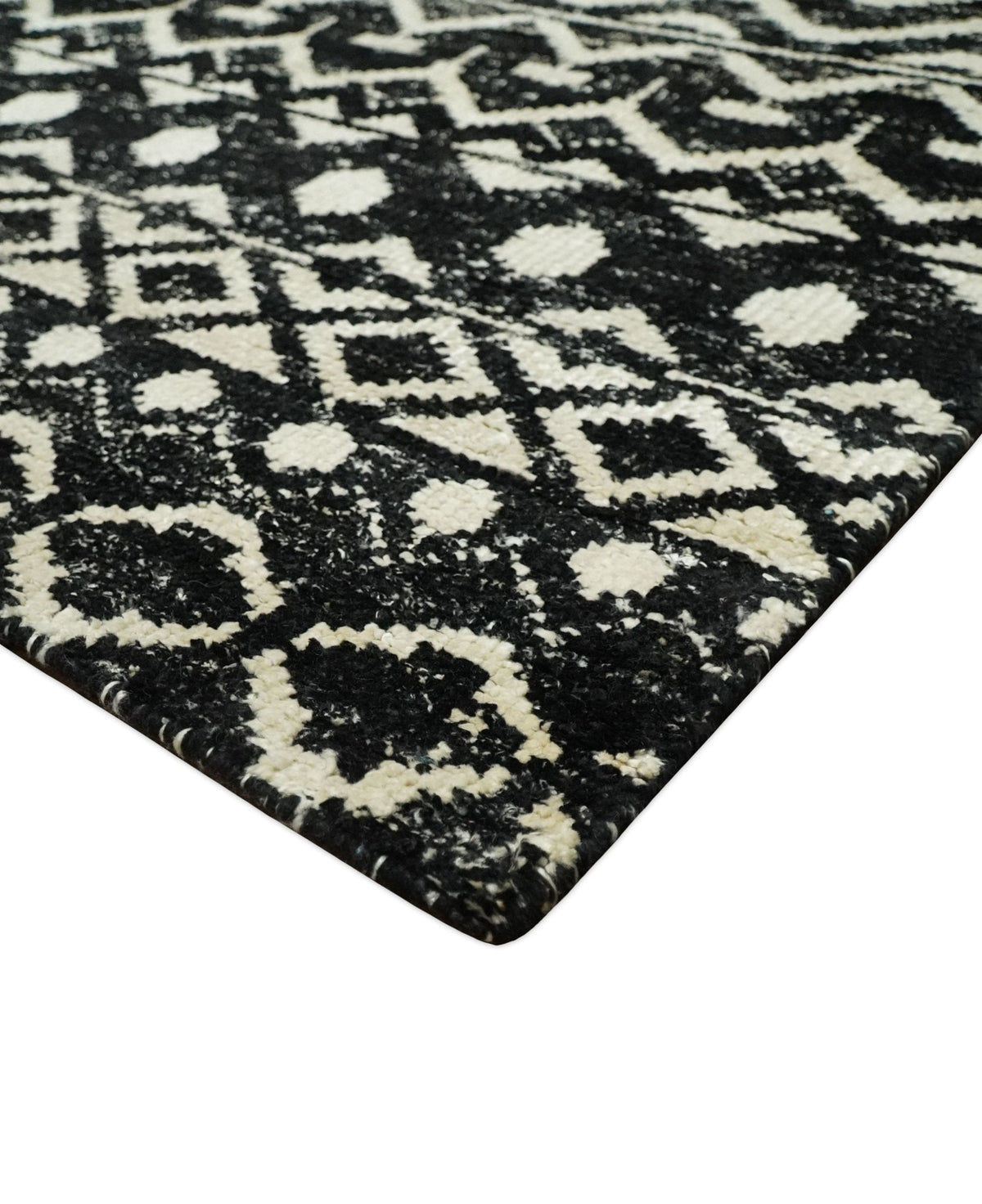 Hand Knotted Black and Ivory Modern Contemporary Southwestern Tribal Trellis Recycled Silk Area Rug.
