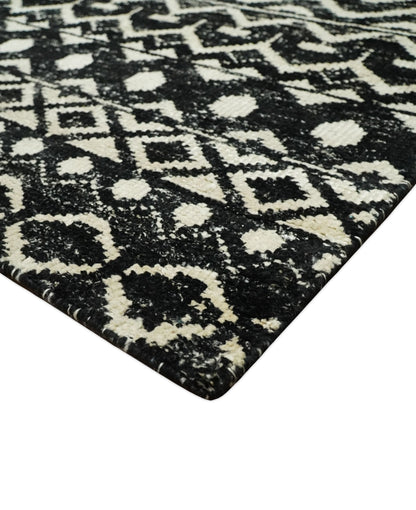 Hand Knotted Black and Ivory Modern Contemporary Southwestern Tribal Trellis Recycled Silk Area Rug.
