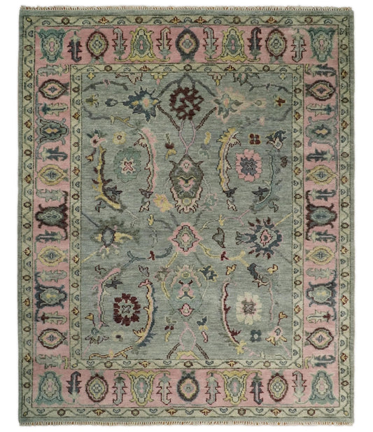 Antique Hand Knotted Green and Pink Traditional Oushak Multi Size Wool Area Rug.