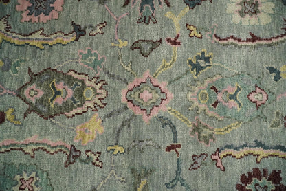 Custom Made Runner Seafoam And Peach Oushak Hand Knotted Wool Rug.