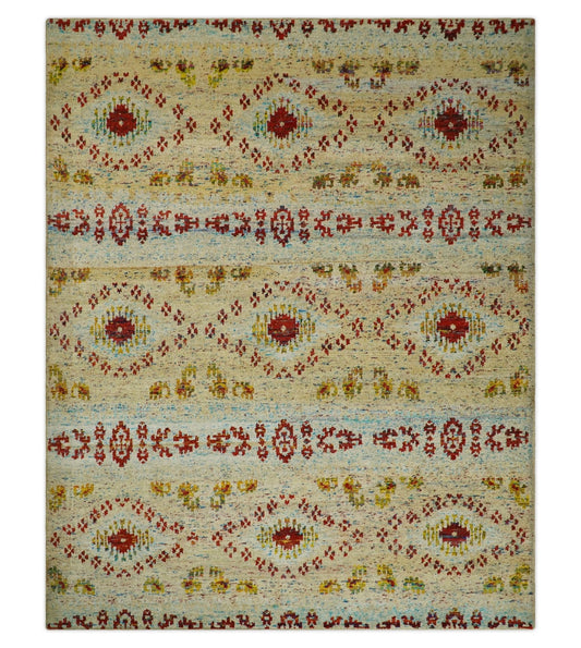 8x10 Hand Knotted Beige, Blue and Rust Persian Recycled Silk Area Rug.