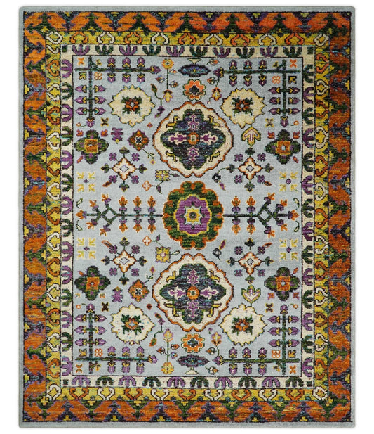8x10 and 9x12 Hand Knotted Silver, Rust and Gold Persian Oushak made of Recycled Silk Area Rug.