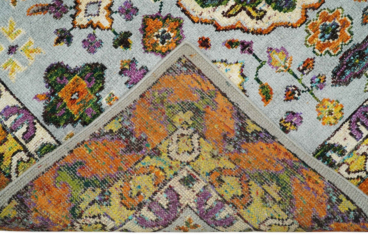8x10 and 9x12 Hand Knotted Silver, Rust and Gold Persian Oushak made of Recycled Silk Area Rug.