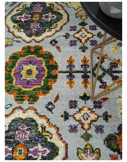 8x10 and 9x12 Hand Knotted Silver, Rust and Gold Persian Oushak made of Recycled Silk Area Rug.