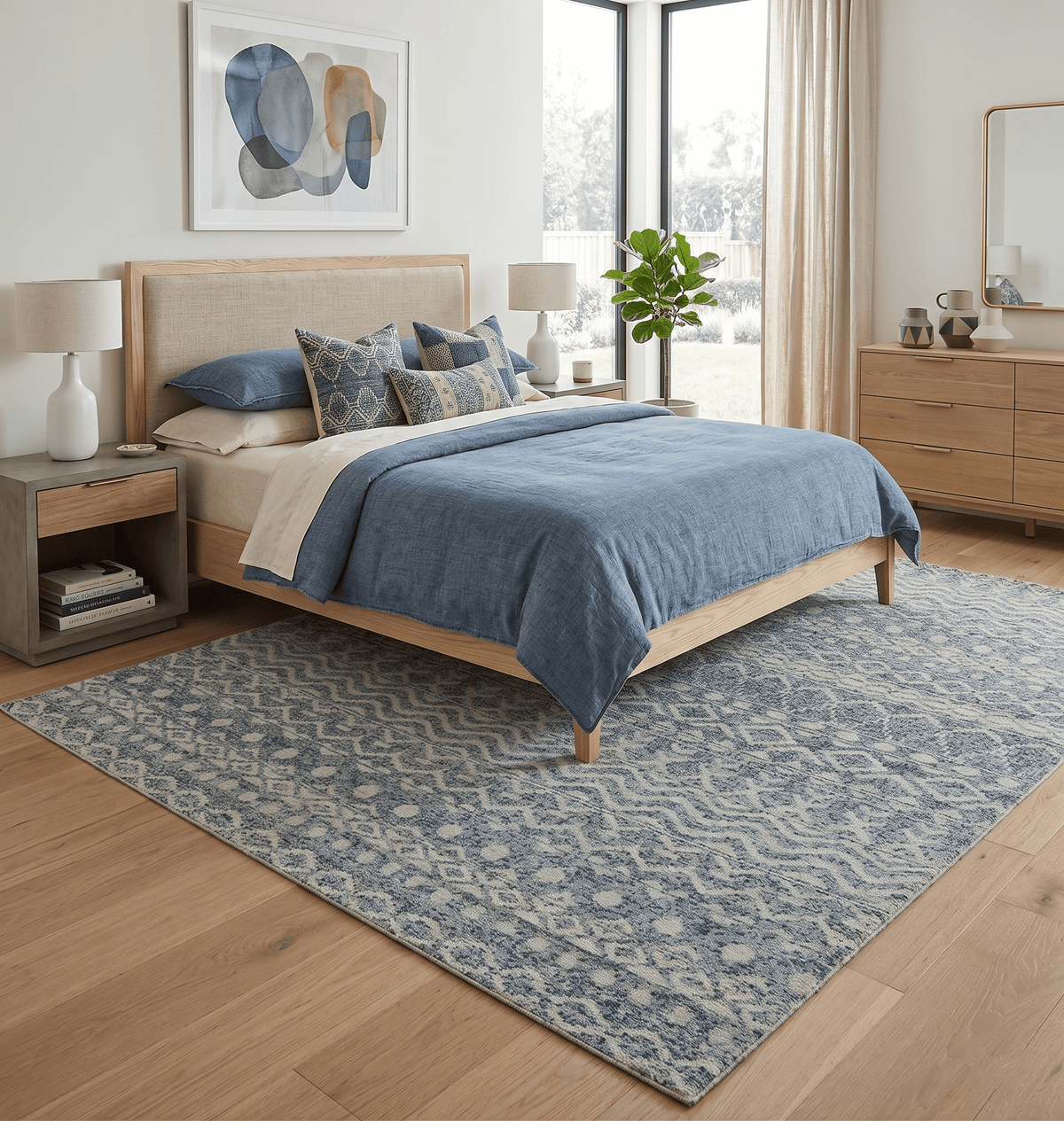 8x10 Hand Knotted Ivory and Blue Modern Contemporary Southwestern Tribal Trellis Recycled Silk Area Rug.