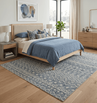 8x10 Hand Knotted Ivory and Blue Modern Contemporary Southwestern Tribal Trellis Recycled Silk Area Rug.