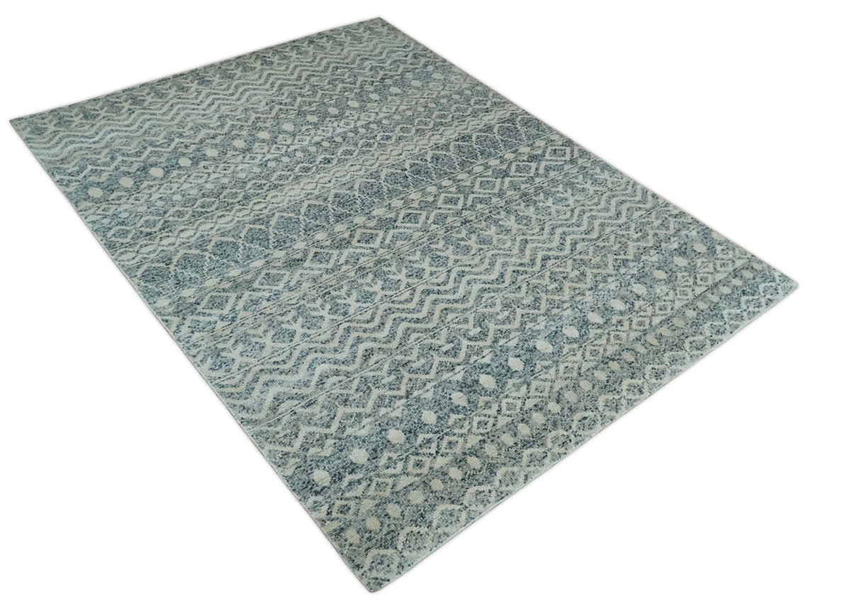 8x10 Hand Knotted Ivory and Blue Modern Contemporary Southwestern Tribal Trellis Recycled Silk Area Rug.
