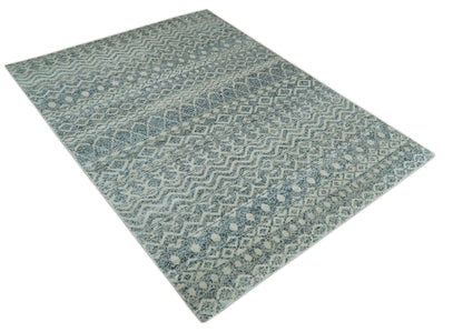 8x10 Hand Knotted Ivory and Blue Modern Contemporary Southwestern Tribal Trellis Recycled Silk Area Rug.