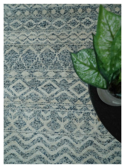 8x10 Hand Knotted Ivory and Blue Modern Contemporary Southwestern Tribal Trellis Recycled Silk Area Rug.
