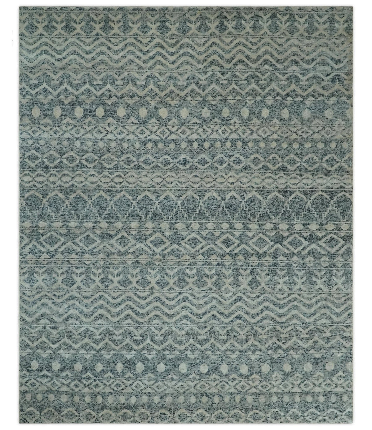 8x10 Hand Knotted Ivory and Blue Modern Contemporary Southwestern Tribal Trellis Recycled Silk Area Rug.