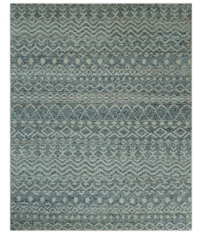 8x10 Hand Knotted Ivory and Blue Modern Contemporary Southwestern Tribal Trellis Recycled Silk Area Rug.