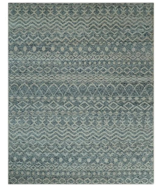 8x10 Hand Knotted Ivory and Blue Modern Contemporary Southwestern Tribal Trellis Recycled Silk Area Rug.
