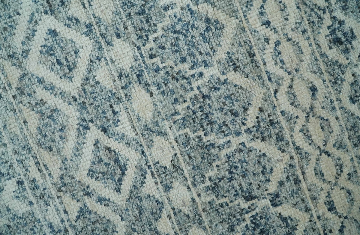 8x10 Hand Knotted Ivory and Blue Modern Contemporary Southwestern Tribal Trellis Recycled Silk Area Rug.