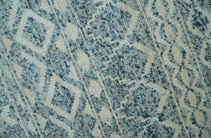 8x10 Hand Knotted Ivory and Blue Modern Contemporary Southwestern Tribal Trellis Recycled Silk Area Rug.
