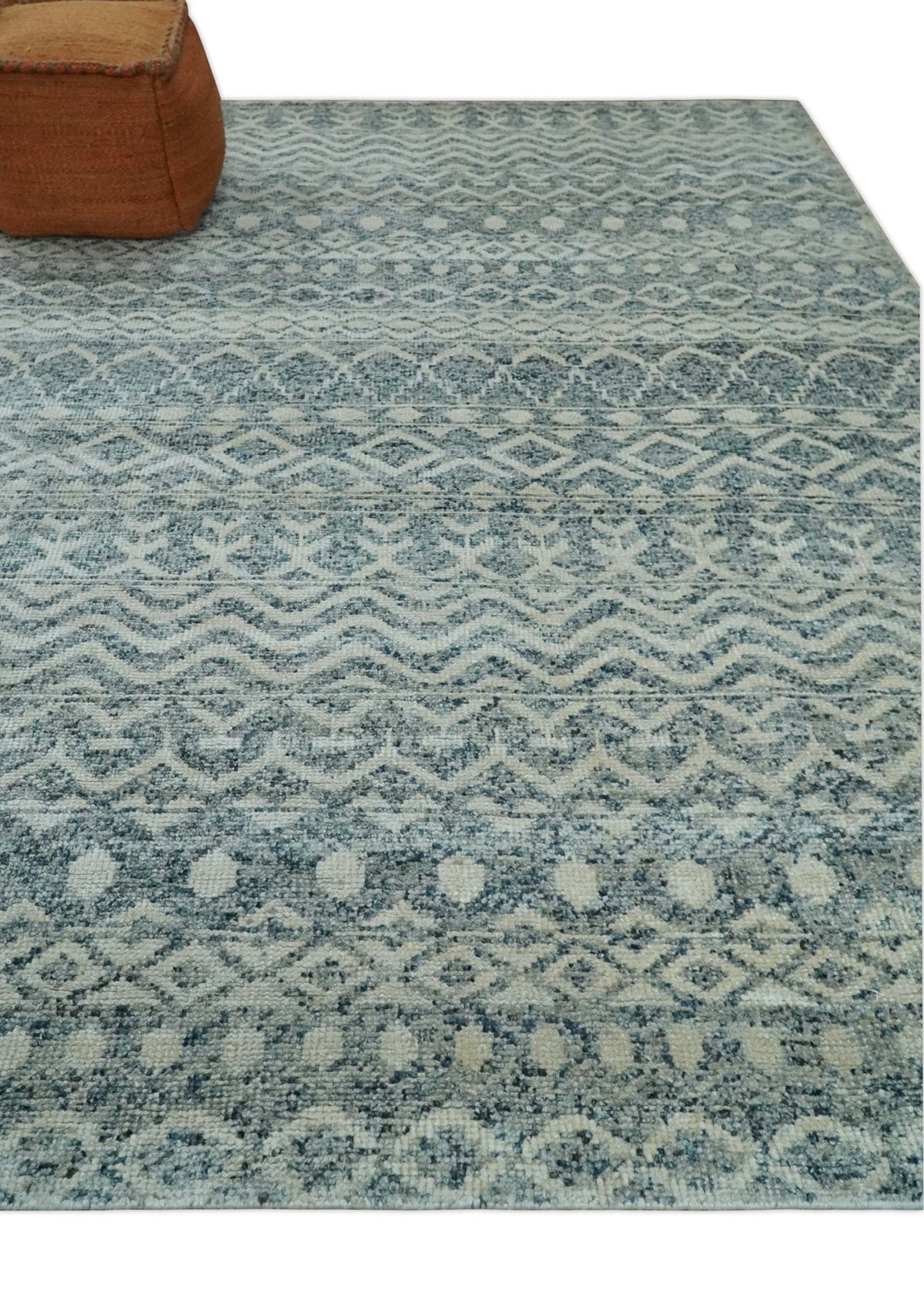 8x10 Hand Knotted Ivory and Blue Modern Contemporary Southwestern Tribal Trellis Recycled Silk Area Rug.