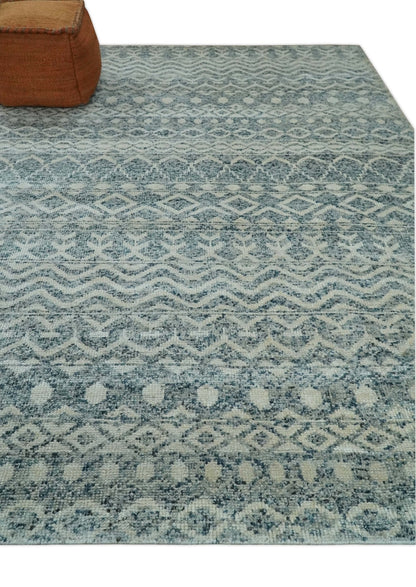 8x10 Hand Knotted Ivory and Blue Modern Contemporary Southwestern Tribal Trellis Recycled Silk Area Rug.
