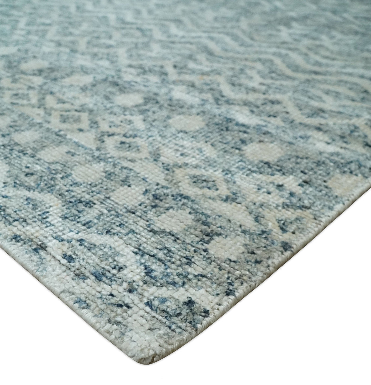 8x10 Hand Knotted Ivory and Blue Modern Contemporary Southwestern Tribal Trellis Recycled Silk Area Rug.