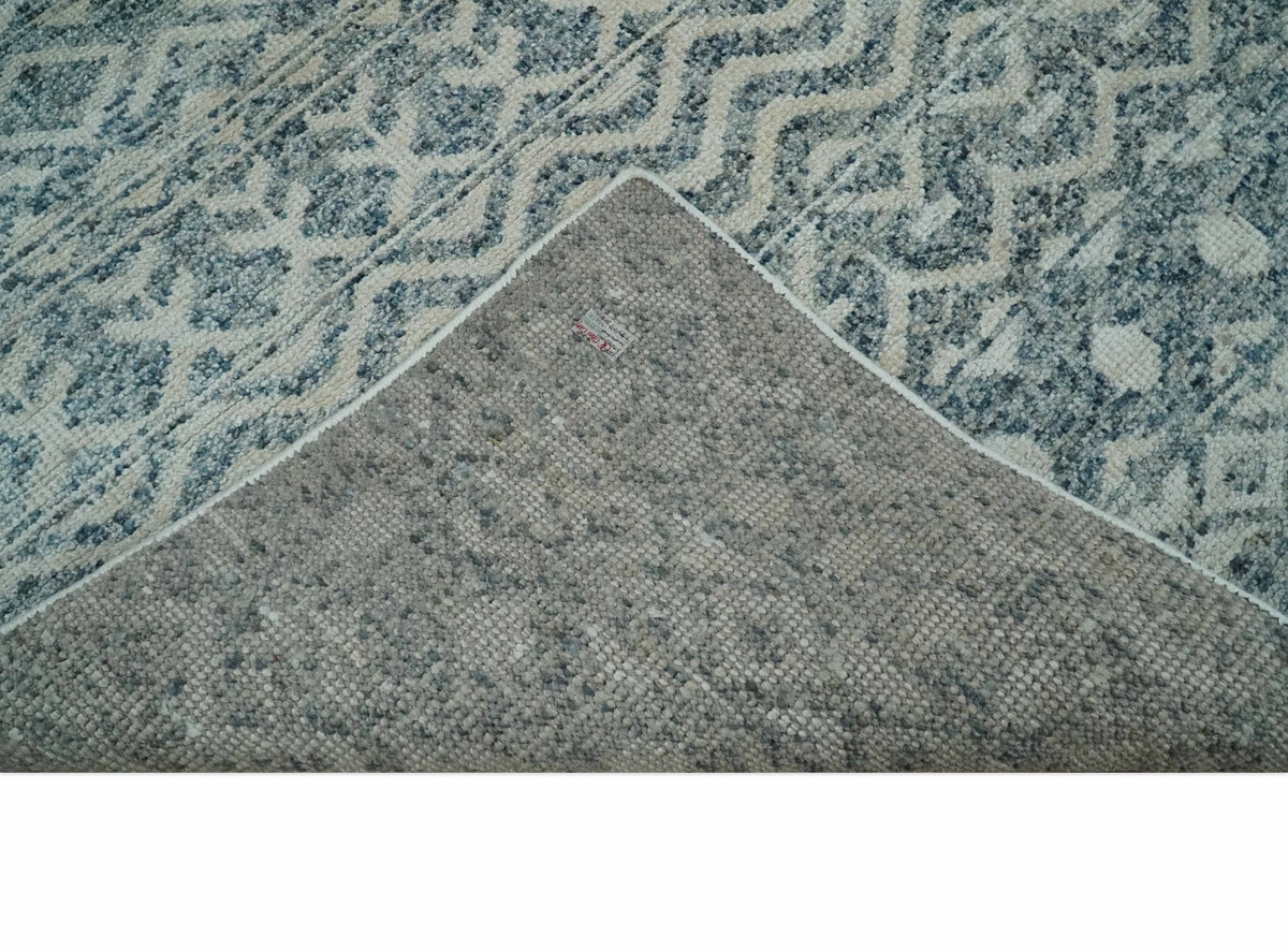 8x10 Hand Knotted Ivory and Blue Modern Contemporary Southwestern Tribal Trellis Recycled Silk Area Rug.