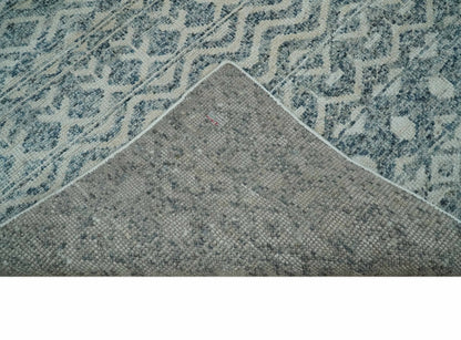 8x10 Hand Knotted Ivory and Blue Modern Contemporary Southwestern Tribal Trellis Recycled Silk Area Rug.