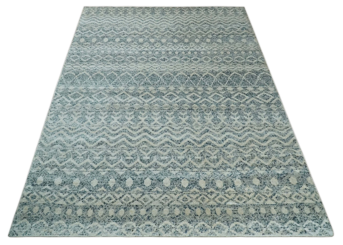 8x10 Hand Knotted Ivory and Blue Modern Contemporary Southwestern Tribal Trellis Recycled Silk Area Rug.