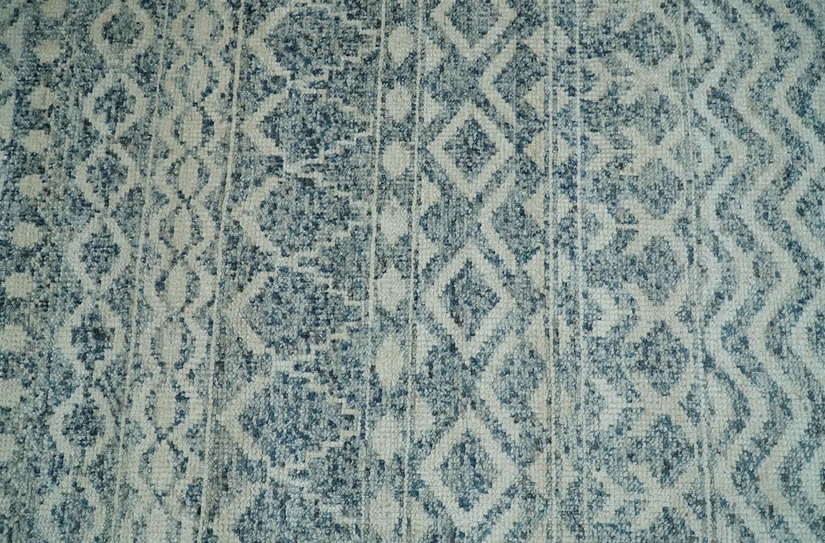 8x10 Hand Knotted Ivory and Blue Modern Contemporary Southwestern Tribal Trellis Recycled Silk Area Rug.