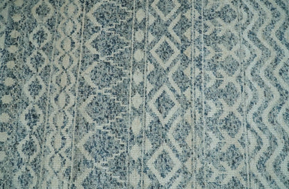 8x10 Hand Knotted Ivory and Blue Modern Contemporary Southwestern Tribal Trellis Recycled Silk Area Rug.