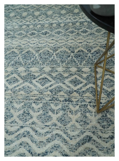8x10 Hand Knotted Ivory and Blue Modern Contemporary Southwestern Tribal Trellis Recycled Silk Area Rug.