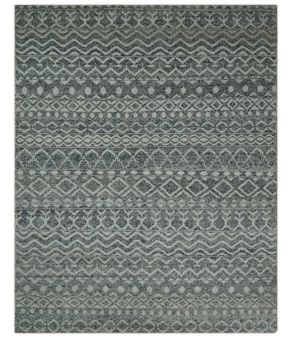 8x10 Hand Knotted Ivory and Gray Modern Contemporary Southwestern Tribal Trellis Recycled Silk Area Rug.