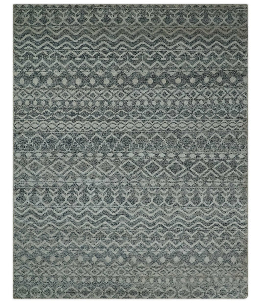 8x10 Hand Knotted Ivory and Gray Modern Contemporary Southwestern Tribal Trellis Recycled Silk Area Rug.