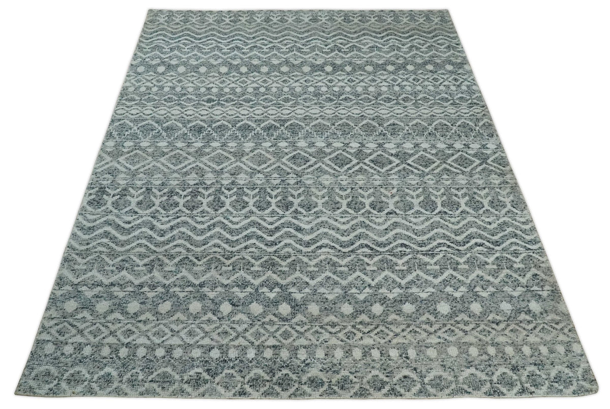 8x10 Hand Knotted Ivory and Gray Modern Contemporary Southwestern Tribal Trellis Recycled Silk Area Rug.