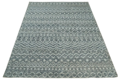 8x10 Hand Knotted Ivory and Gray Modern Contemporary Southwestern Tribal Trellis Recycled Silk Area Rug.