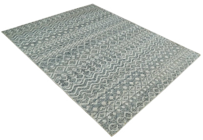 8x10 Hand Knotted Ivory and Gray Modern Contemporary Southwestern Tribal Trellis Recycled Silk Area Rug.