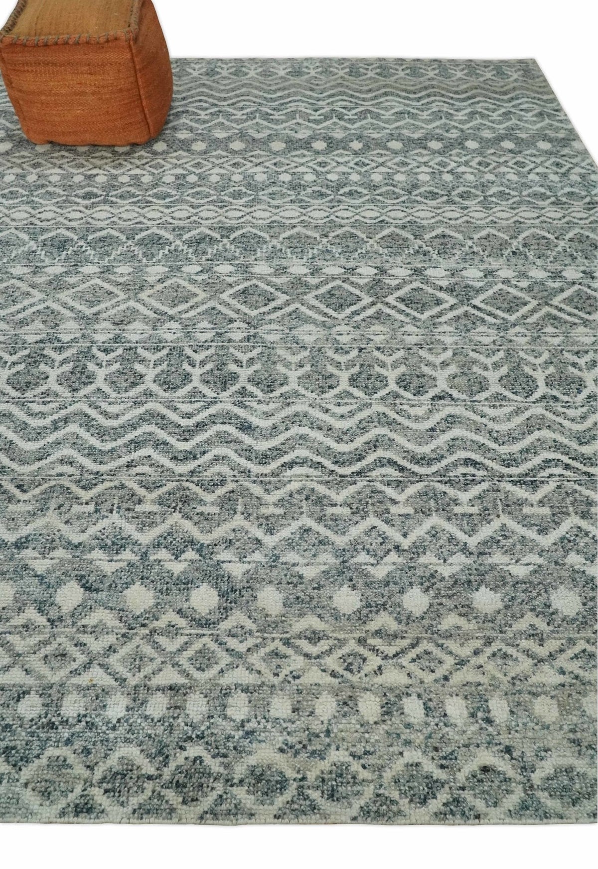 8x10 Hand Knotted Ivory and Gray Modern Contemporary Southwestern Tribal Trellis Recycled Silk Area Rug.