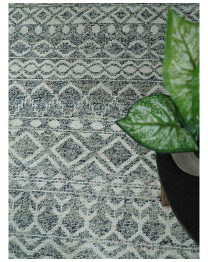 8x10 Hand Knotted Ivory and Gray Modern Contemporary Southwestern Tribal Trellis Recycled Silk Area Rug.