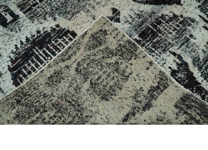 4x6 and 8x10 Hand Knotted Ivory, Charcoal and Brown  Antique Persian Style  Recycled Silk Area Rug.