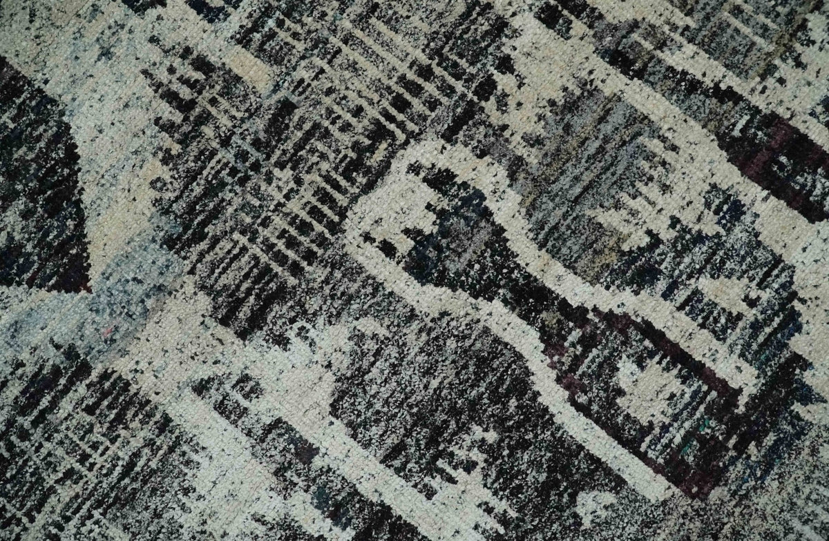 4x6 and 8x10 Hand Knotted Ivory, Charcoal and Brown  Antique Persian Style  Recycled Silk Area Rug.
