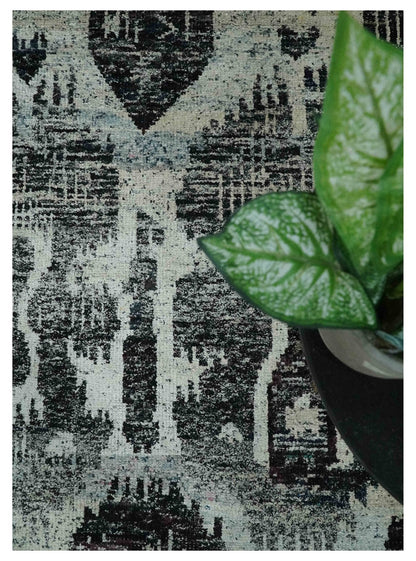 4x6 and 8x10 Hand Knotted Ivory, Charcoal and Brown  Antique Persian Style  Recycled Silk Area Rug.