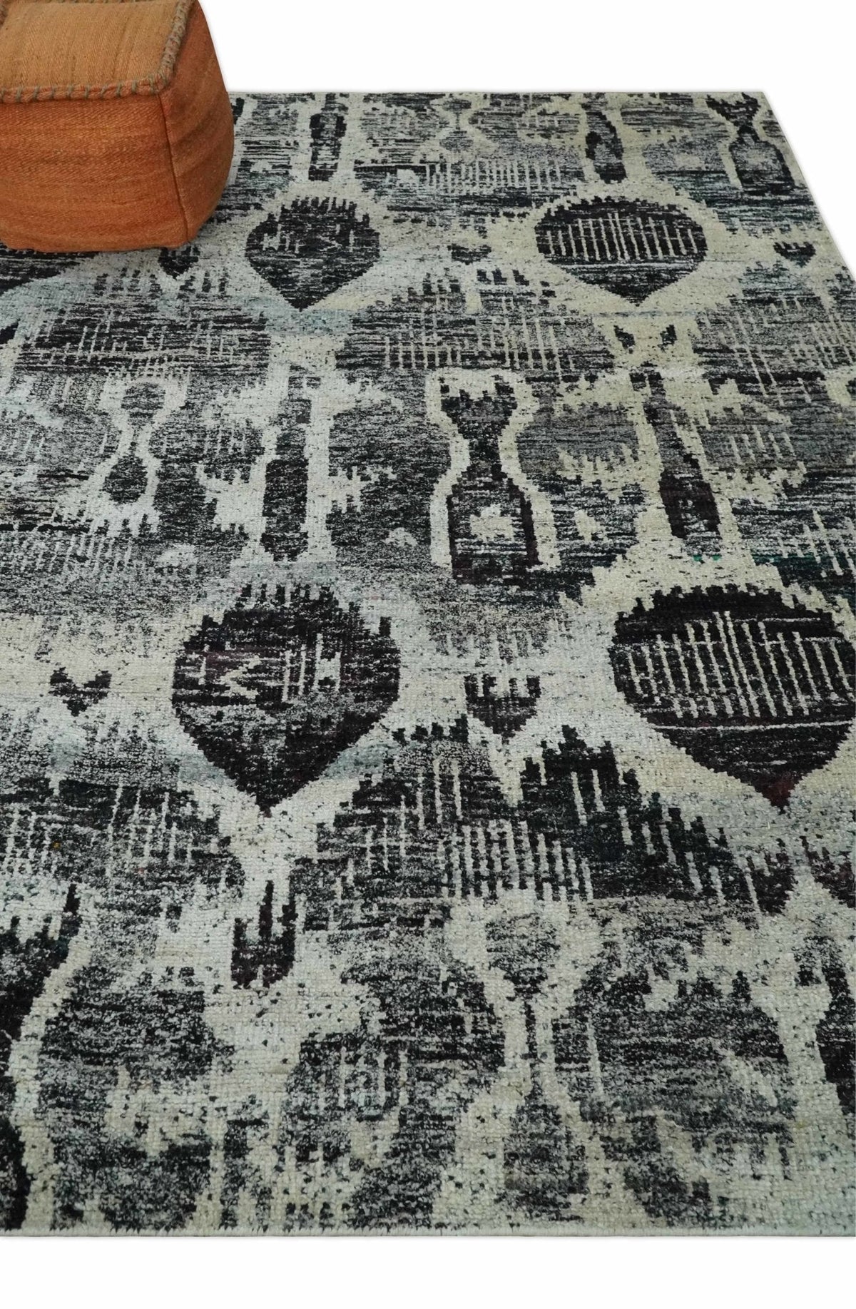 4x6 and 8x10 Hand Knotted Ivory, Charcoal and Brown  Antique Persian Style  Recycled Silk Area Rug.