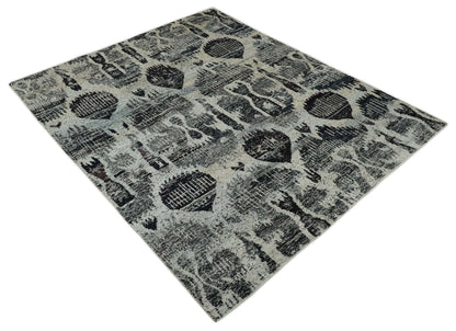 4x6 and 8x10 Hand Knotted Ivory, Charcoal and Brown  Antique Persian Style  Recycled Silk Area Rug.