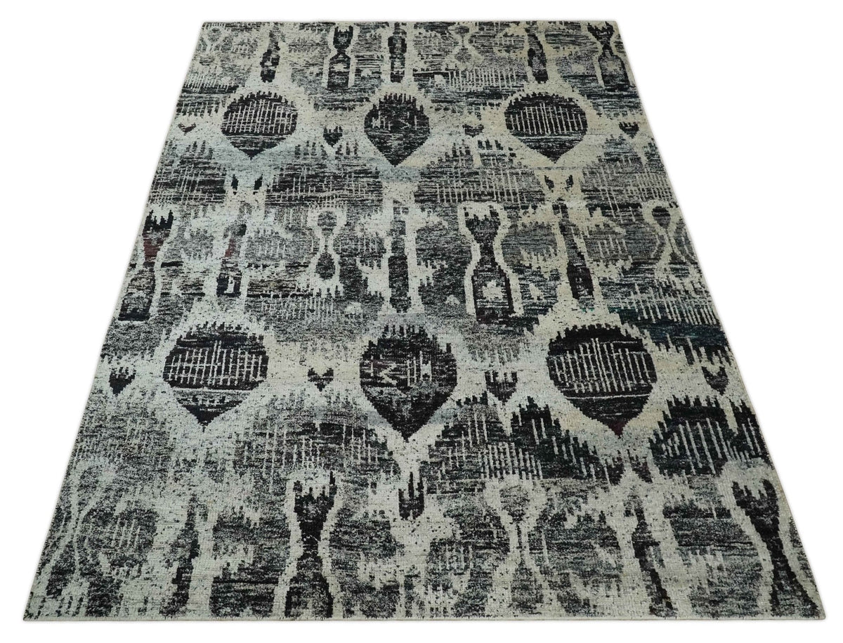 4x6 and 8x10 Hand Knotted Ivory, Charcoal and Brown  Antique Persian Style  Recycled Silk Area Rug.