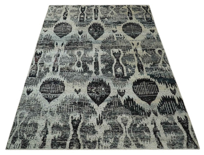 4x6 and 8x10 Hand Knotted Ivory, Charcoal and Brown  Antique Persian Style  Recycled Silk Area Rug.
