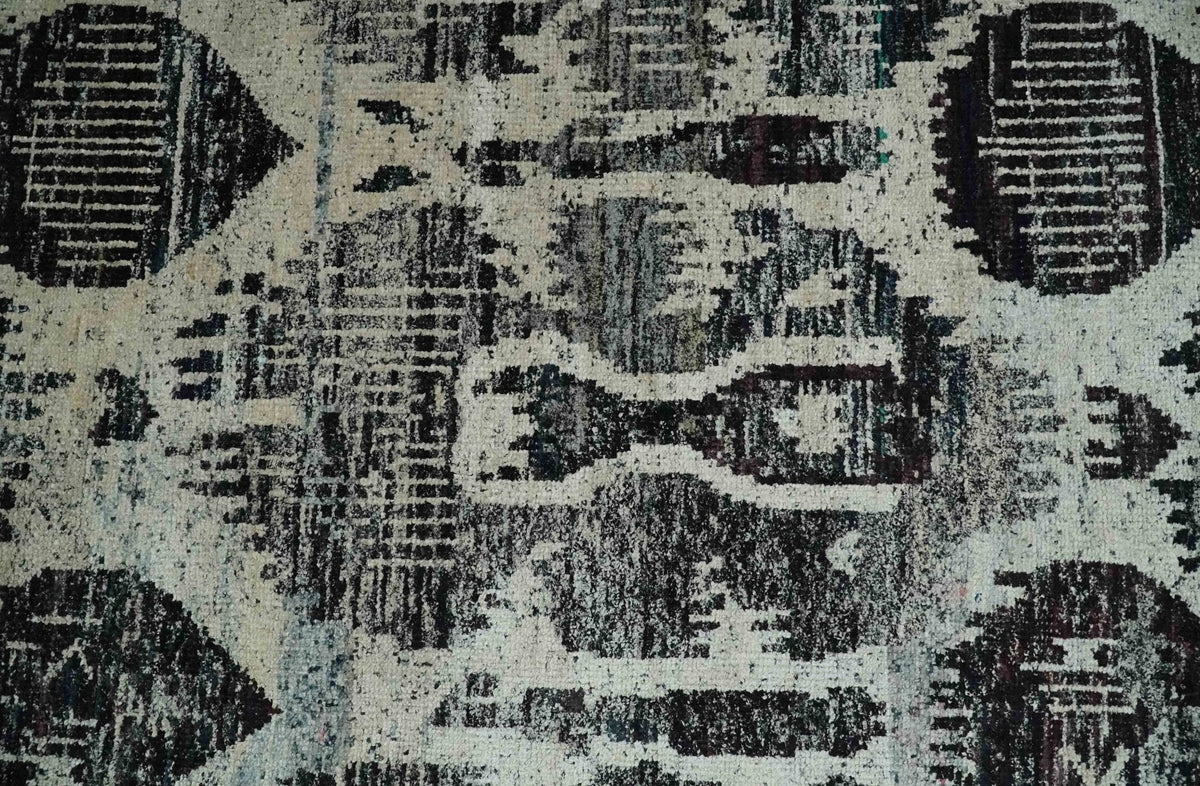 4x6 and 8x10 Hand Knotted Ivory, Charcoal and Brown  Antique Persian Style  Recycled Silk Area Rug.