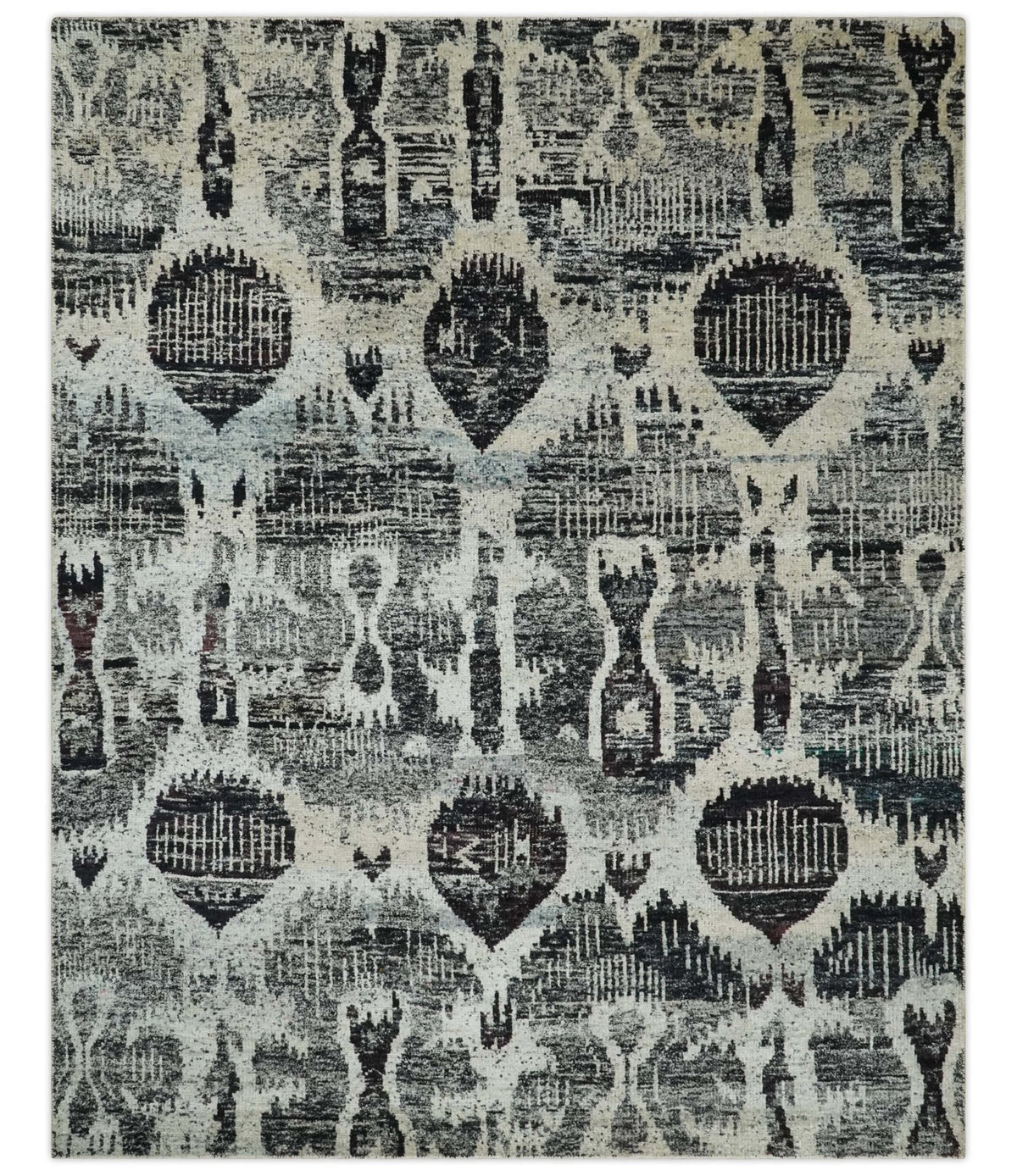4x6 and 8x10 Hand Knotted Ivory, Charcoal and Brown  Antique Persian Style  Recycled Silk Area Rug.