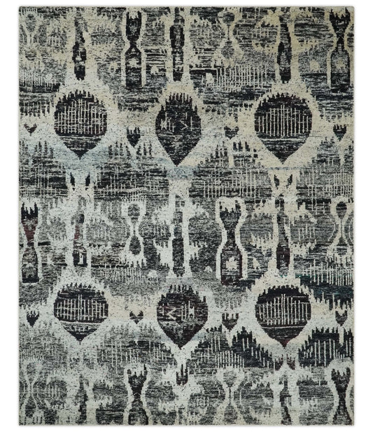 4x6 and 8x10 Hand Knotted Ivory, Charcoal and Brown  Antique Persian Style  Recycled Silk Area Rug.