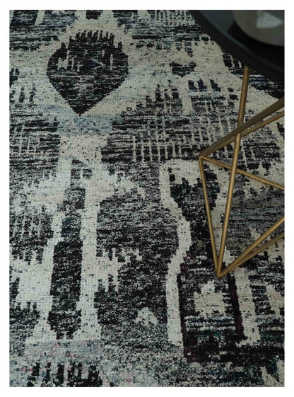 4x6 and 8x10 Hand Knotted Ivory, Charcoal and Brown  Antique Persian Style  Recycled Silk Area Rug.