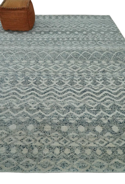 8x10 Hand Knotted Ivory, Gray and Blue Modern Contemporary Southwestern Tribal Trellis Recycled Silk Area Rug.