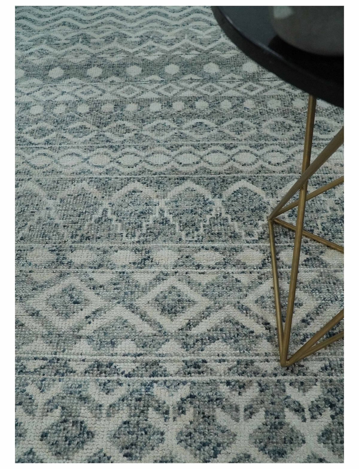 8x10 Hand Knotted Ivory, Gray and Blue Modern Contemporary Southwestern Tribal Trellis Recycled Silk Area Rug.