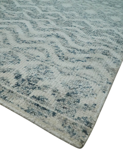 8x10 Hand Knotted Ivory, Gray and Blue Modern Contemporary Southwestern Tribal Trellis Recycled Silk Area Rug.