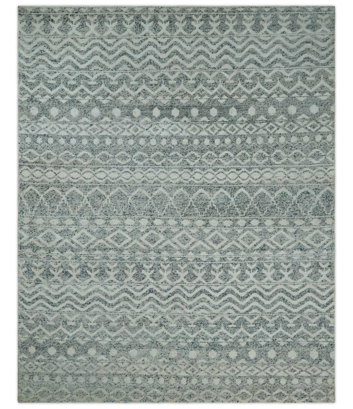 8x10 Hand Knotted Ivory, Gray and Blue Modern Contemporary Southwestern Tribal Trellis Recycled Silk Area Rug.